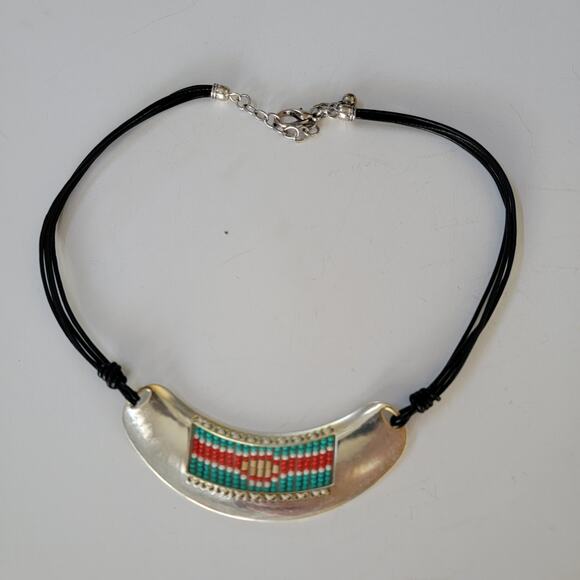 Boho Silver Pendant Necklace with Beaded Inlay on Black Cord Adjustable Jewelry - Picture 1 of 10